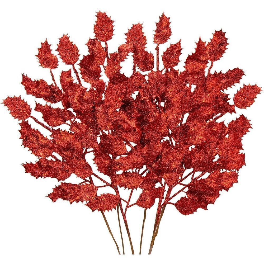 👉 6Pcs Christmas Glitter Leaves Holly Leaves 23" Artificial Red Holly Leaf…